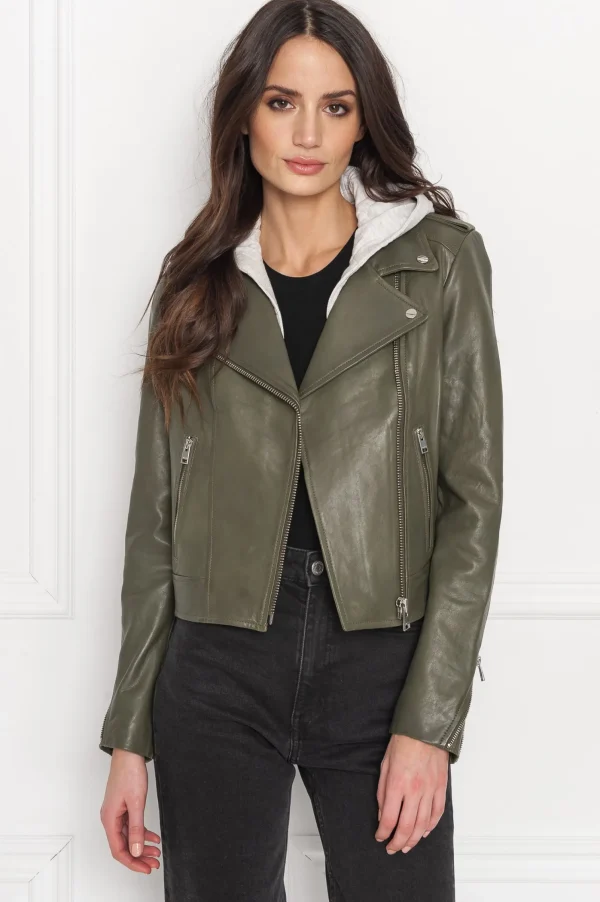 LAMARQUE Leather Jackets | HOLY | Leather Biker Jacket With Removable Hood Dusty Olive