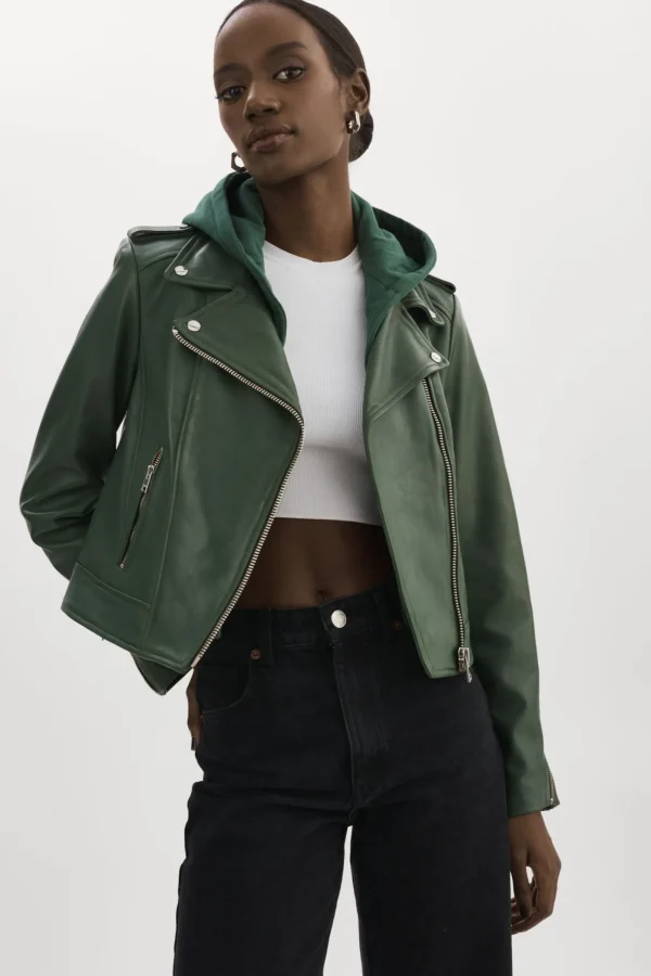LAMARQUE Leather Jackets | HOLY | Leather Biker Jacket With Removable Hood Alpine Green