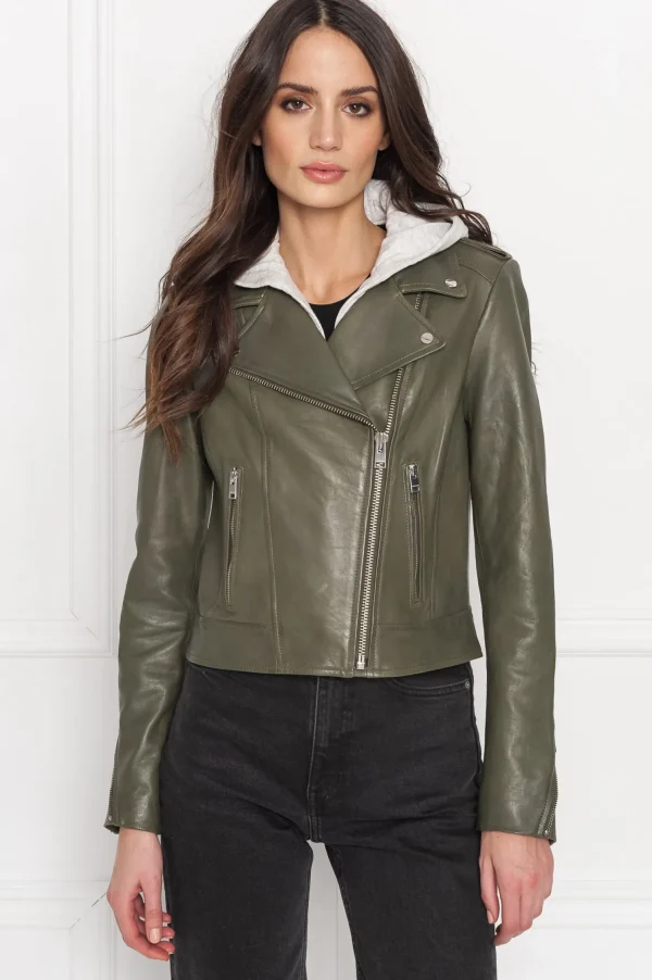 LAMARQUE Leather Jackets | HOLY | Leather Biker Jacket With Removable Hood Dusty Olive