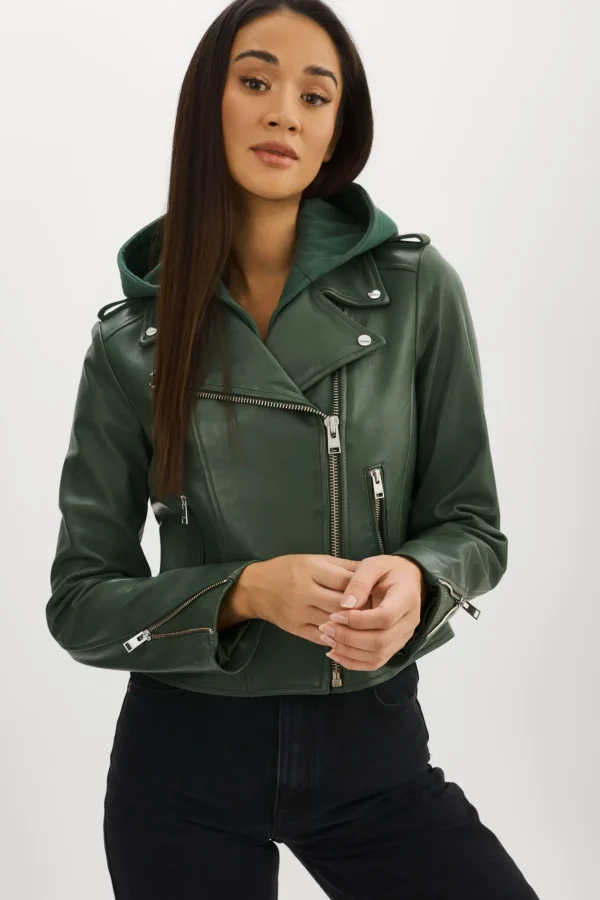 LAMARQUE Leather Jackets | HOLY | Leather Biker Jacket With Removable Hood Alpine Green