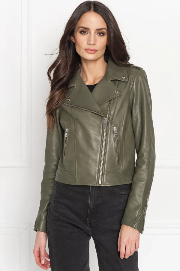 LAMARQUE Leather Jackets | HOLY | Leather Biker Jacket With Removable Hood Dusty Olive