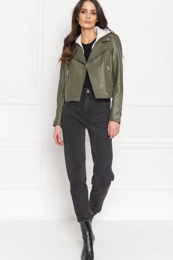 LAMARQUE Leather Jackets | HOLY | Leather Biker Jacket With Removable Hood Dusty Olive