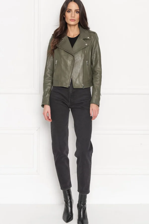 LAMARQUE Leather Jackets | HOLY | Leather Biker Jacket With Removable Hood Dusty Olive