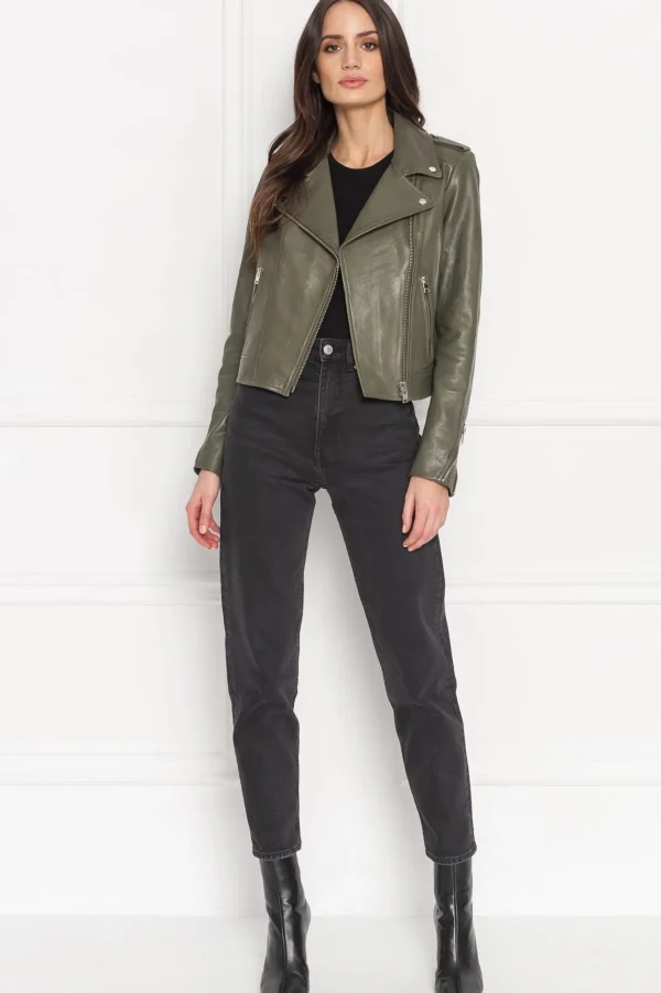 LAMARQUE Leather Jackets | HOLY | Leather Biker Jacket With Removable Hood Dusty Olive