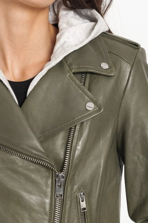 LAMARQUE Leather Jackets | HOLY | Leather Biker Jacket With Removable Hood Dusty Olive