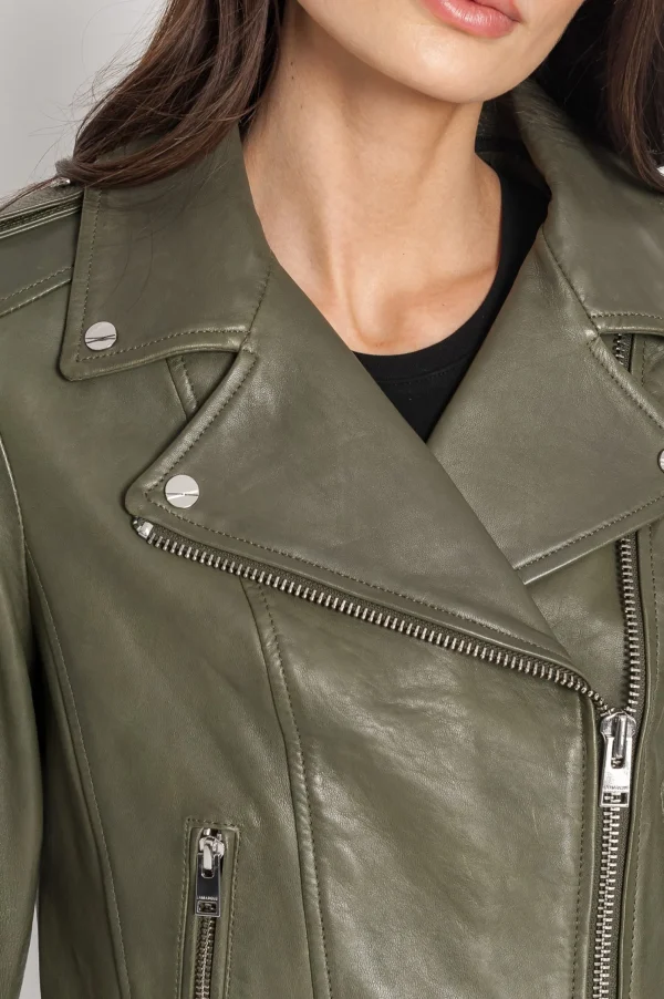 LAMARQUE Leather Jackets | HOLY | Leather Biker Jacket With Removable Hood Dusty Olive