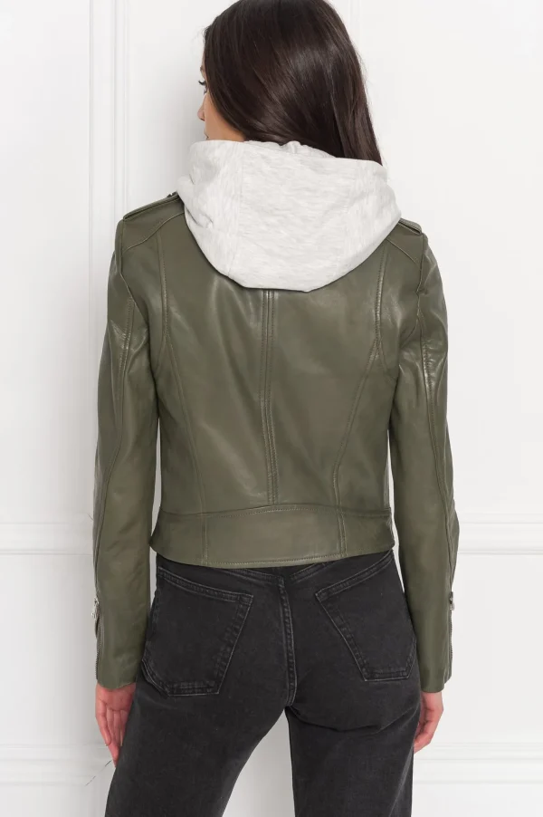LAMARQUE Leather Jackets | HOLY | Leather Biker Jacket With Removable Hood Dusty Olive