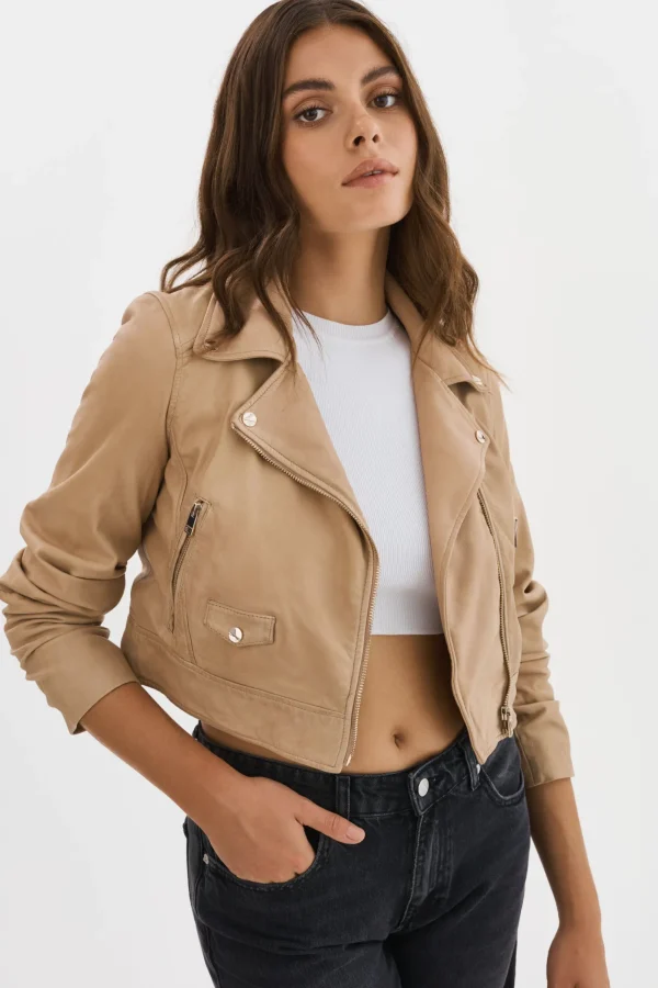 LAMARQUE Leather Jackets | JANIKA | Cropped Leather Biker Jacket Wheat
