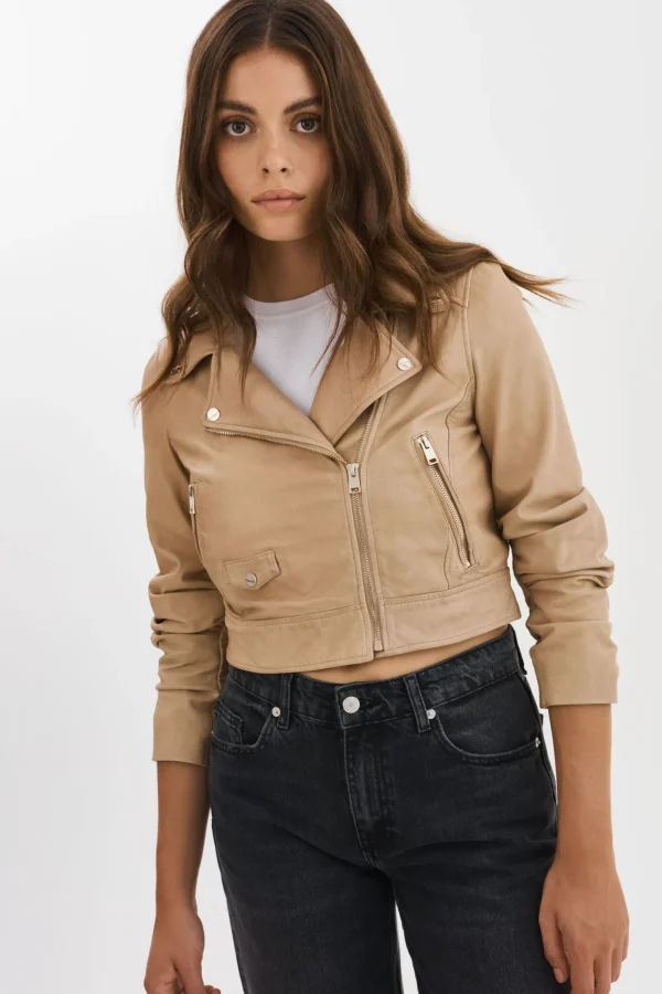 LAMARQUE Leather Jackets | JANIKA | Cropped Leather Biker Jacket Wheat