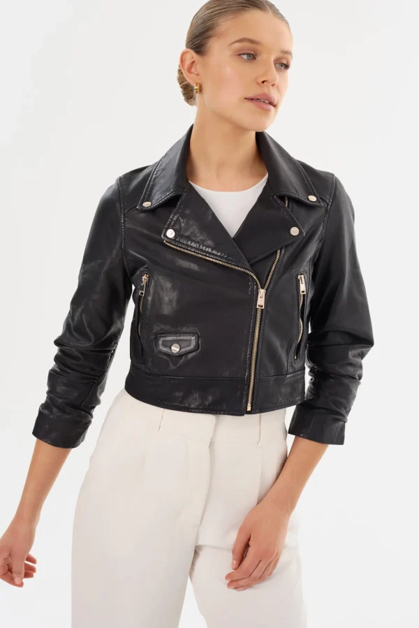 LAMARQUE Leather Jackets | JANIKA | Cropped Leather Biker Jacket Black
