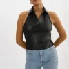 LAMARQUE Tops | JULANE | Leather Halterneck Top Black
