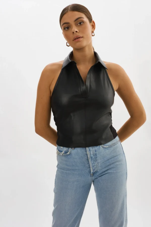 LAMARQUE Tops | JULANE | Leather Halterneck Top Black