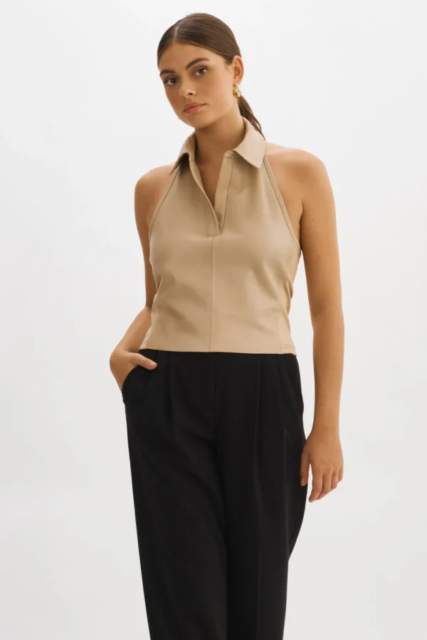 LAMARQUE Tops | JULANE | Leather Halterneck Top WHEAT