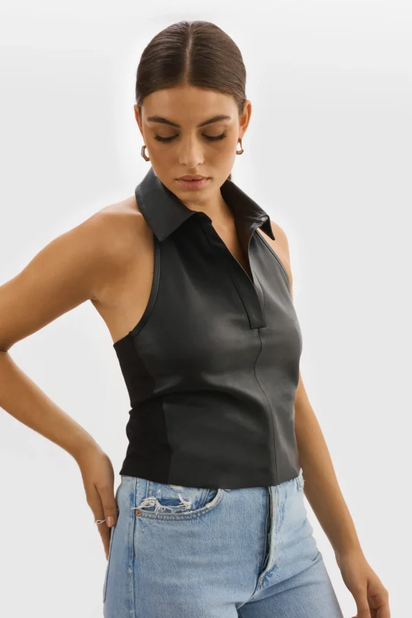 LAMARQUE Tops | JULANE | Leather Halterneck Top Black