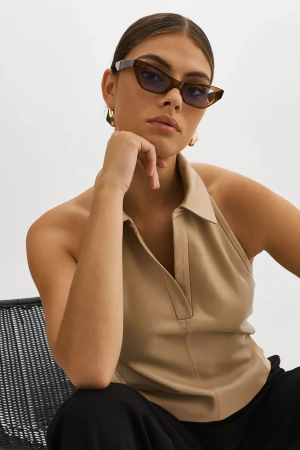 LAMARQUE Tops | JULANE | Leather Halterneck Top WHEAT