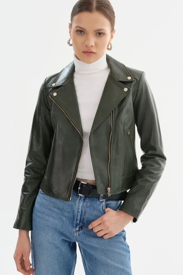 LAMARQUE Leather Jackets | KELSEY | Biker Leather Jacket Champagne Hardware Dark Olive