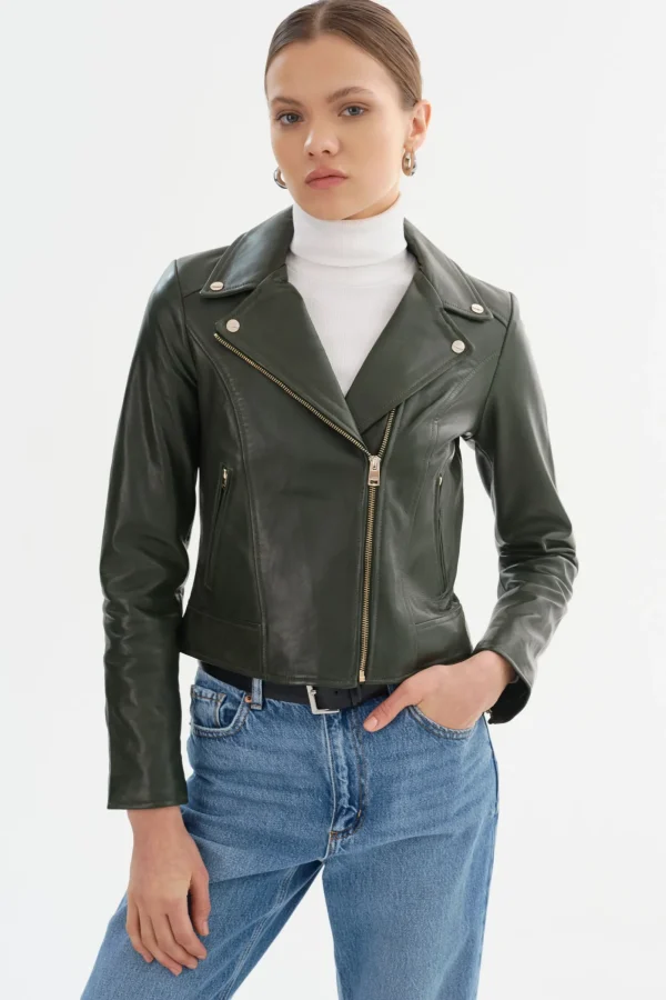 LAMARQUE Leather Jackets | KELSEY | Biker Leather Jacket Champagne Hardware Dark Olive