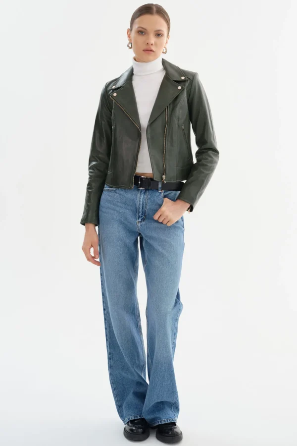 LAMARQUE Leather Jackets | KELSEY | Biker Leather Jacket Champagne Hardware Dark Olive