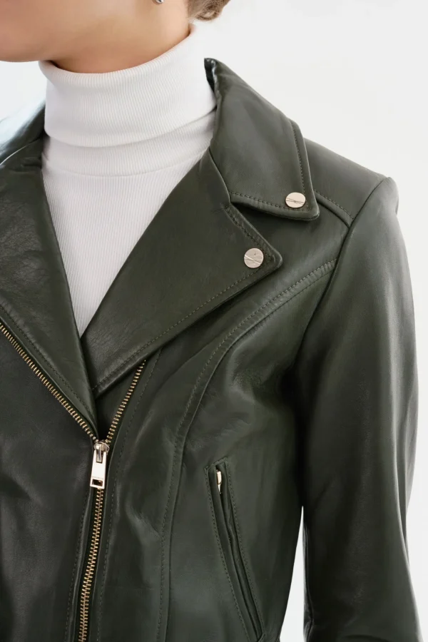 LAMARQUE Leather Jackets | KELSEY | Biker Leather Jacket Champagne Hardware Dark Olive