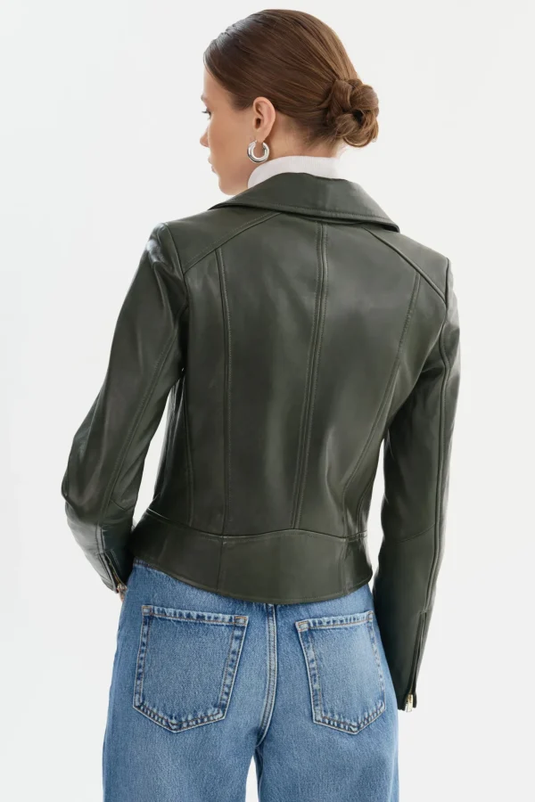 LAMARQUE Leather Jackets | KELSEY | Biker Leather Jacket Champagne Hardware Dark Olive