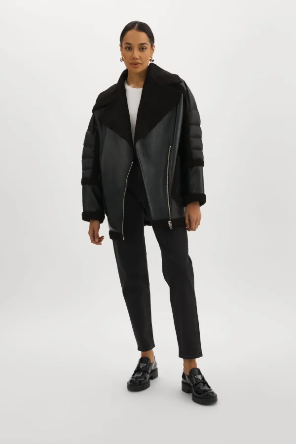 LAMARQUE Coats&Jackets | LISA | Oversized Mixed Media Cocoon Jacket Black / Black