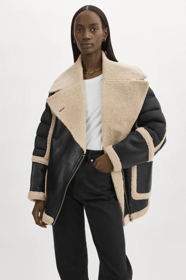 LAMARQUE Coats&Jackets | Leather Jackets | LISA Oversized Mixed Media Cocoon Jacket Black/Ecru