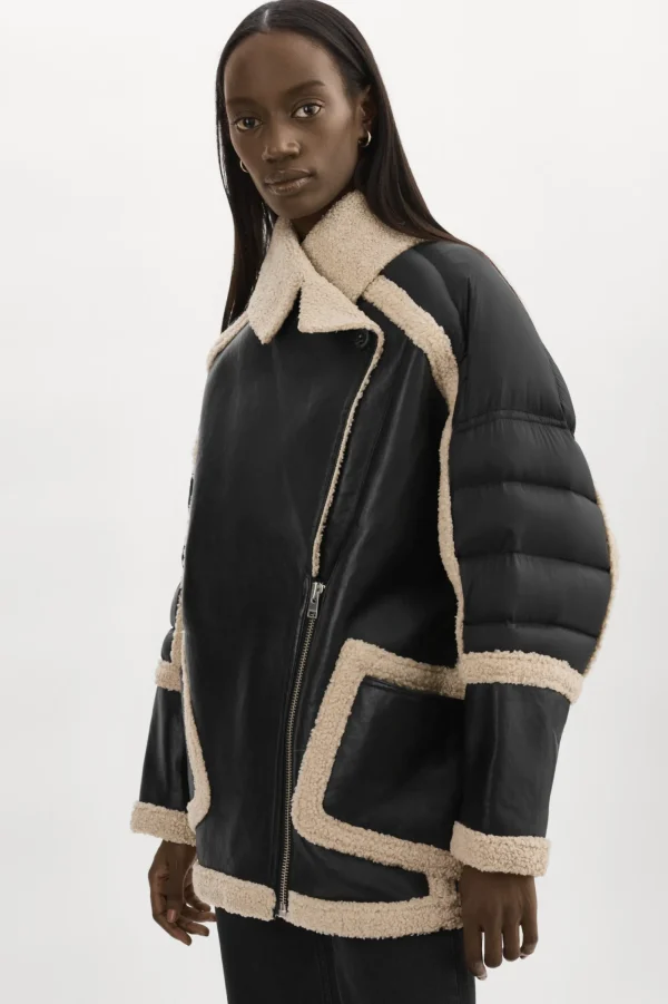 LAMARQUE Coats&Jackets | Leather Jackets | LISA Oversized Mixed Media Cocoon Jacket Black/Ecru