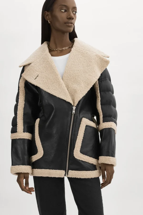 LAMARQUE Coats&Jackets | Leather Jackets | LISA Oversized Mixed Media Cocoon Jacket Black/Ecru