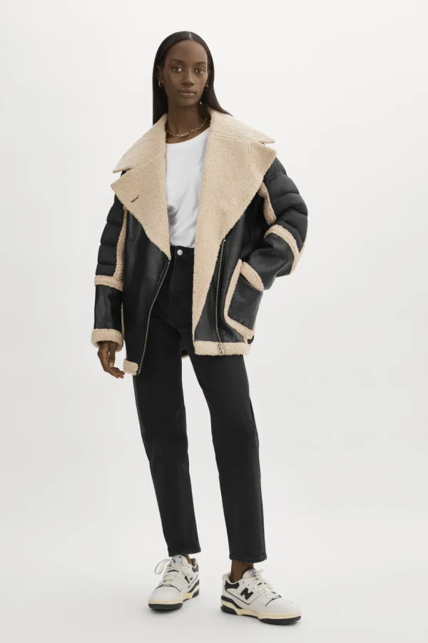 LAMARQUE Coats&Jackets | Leather Jackets | LISA Oversized Mixed Media Cocoon Jacket Black/Ecru