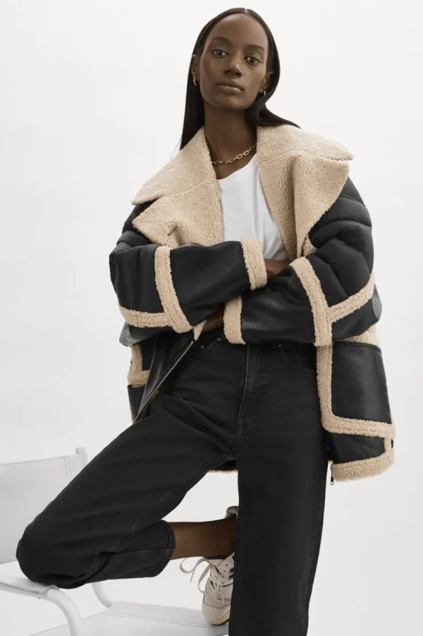 LAMARQUE Coats&Jackets | Leather Jackets | LISA Oversized Mixed Media Cocoon Jacket Black/Ecru