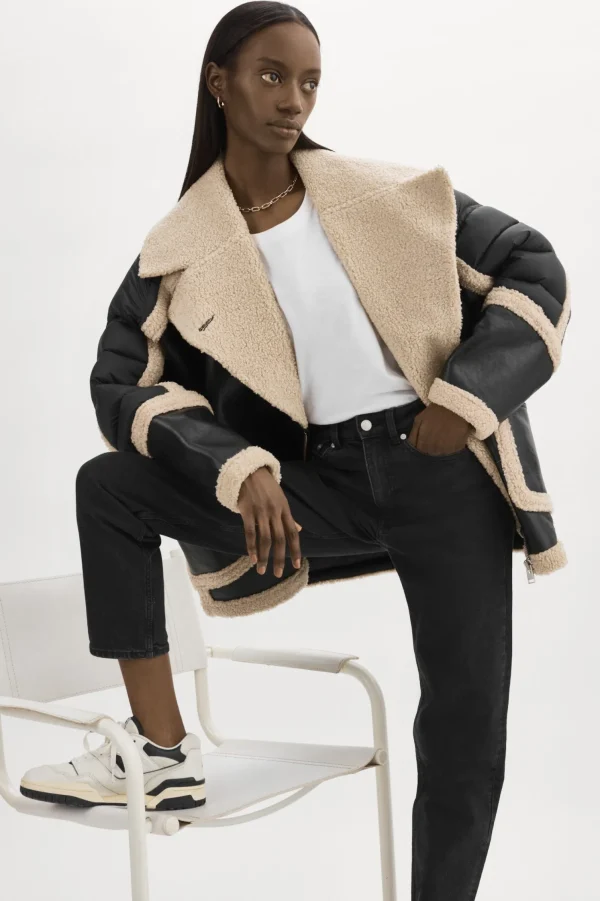 LAMARQUE Coats&Jackets | Leather Jackets | LISA Oversized Mixed Media Cocoon Jacket Black/Ecru