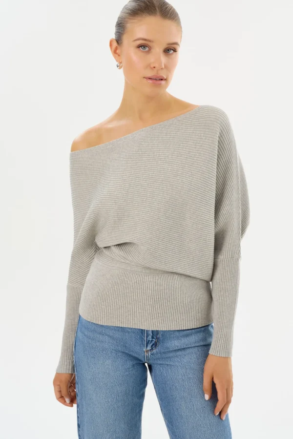 LAMARQUE Tops | LORRAINE | Knit Off Shoulder Top Light Heather Grey