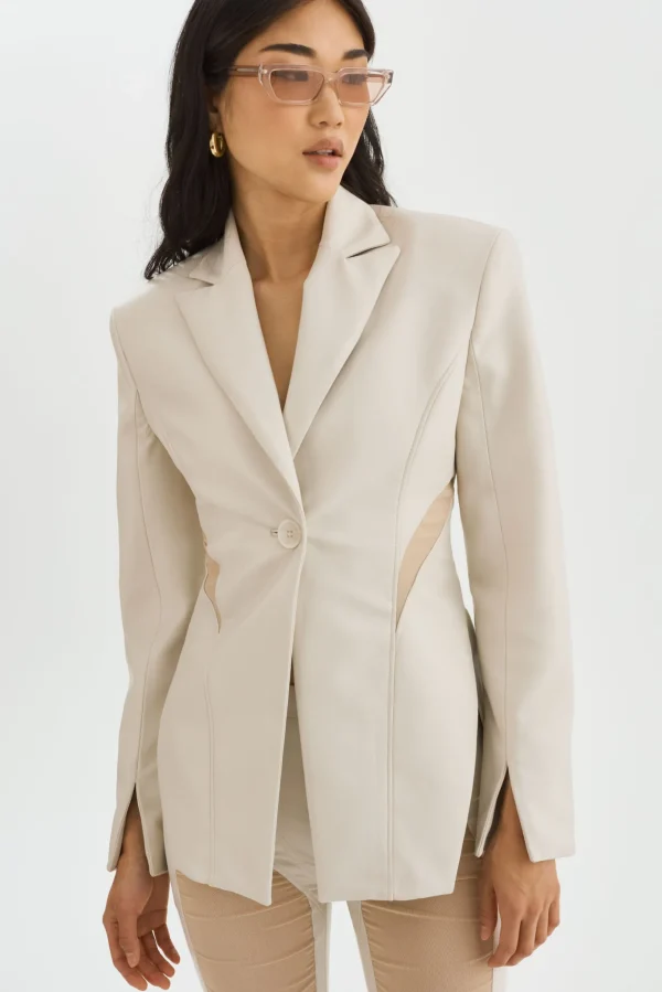 LAMARQUE Leather Jackets | LYUBAVA | Faux Leather Single Breasted Blazer Bone