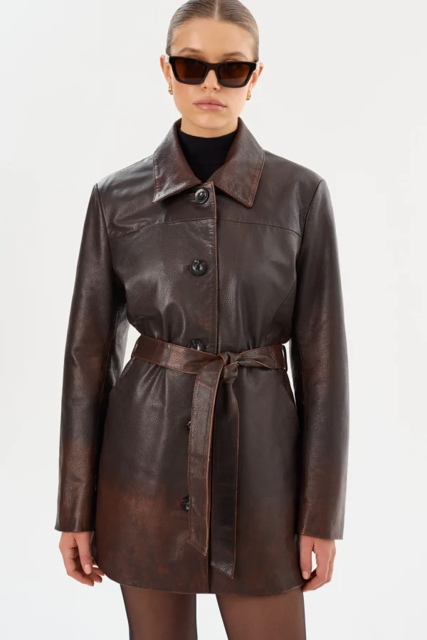 LAMARQUE Coats&Jackets | Leather Jackets | MARLOWE | Leather Trench Coat Rub Off Brown