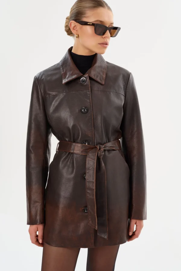 LAMARQUE Coats&Jackets | Leather Jackets | MARLOWE | Leather Trench Coat Rub Off Brown