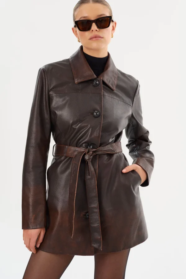 LAMARQUE Coats&Jackets | Leather Jackets | MARLOWE | Leather Trench Coat Rub Off Brown