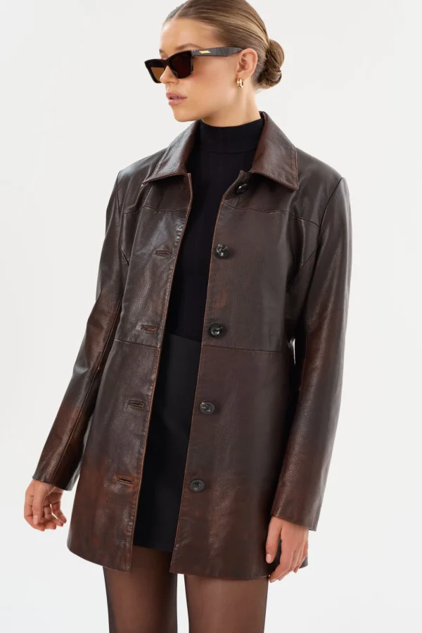 LAMARQUE Coats&Jackets | Leather Jackets | MARLOWE | Leather Trench Coat Rub Off Brown