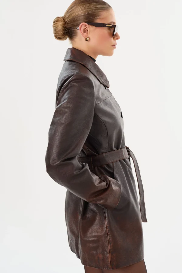 LAMARQUE Coats&Jackets | Leather Jackets | MARLOWE | Leather Trench Coat Rub Off Brown