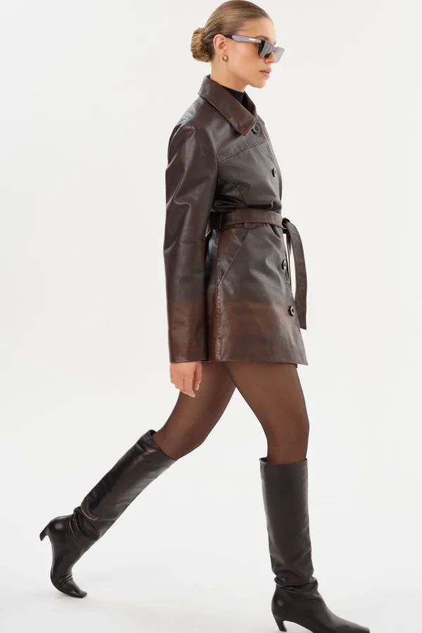 LAMARQUE Coats&Jackets | Leather Jackets | MARLOWE | Leather Trench Coat Rub Off Brown