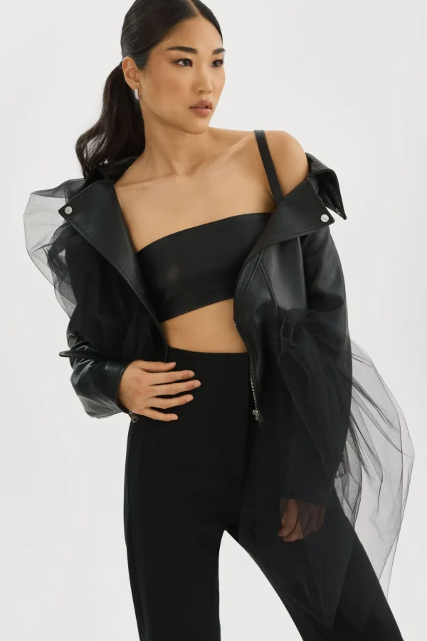 LAMARQUE Leather Jackets | OBELIA | Tulle & Leather Biker Jacket Black