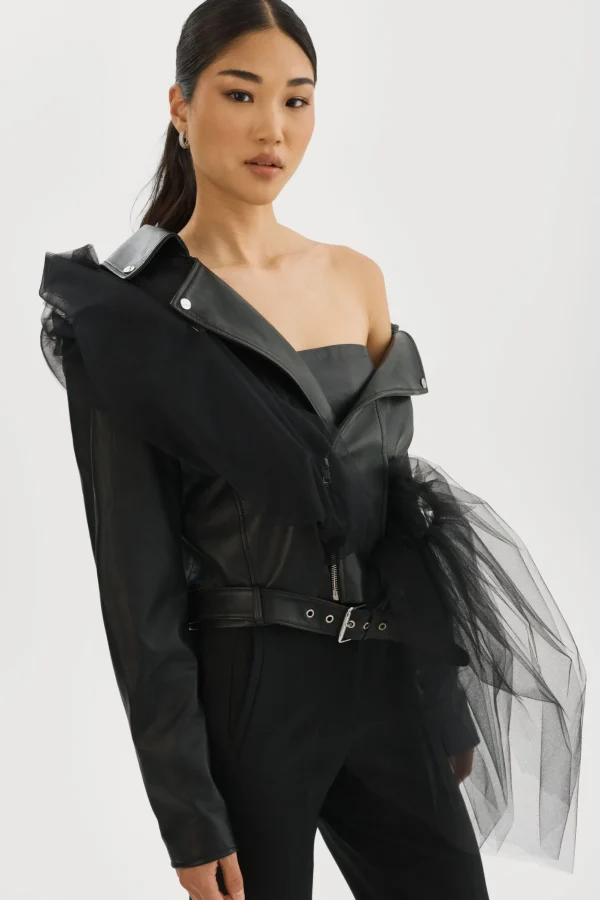 LAMARQUE Leather Jackets | OBELIA | Tulle & Leather Biker Jacket Black