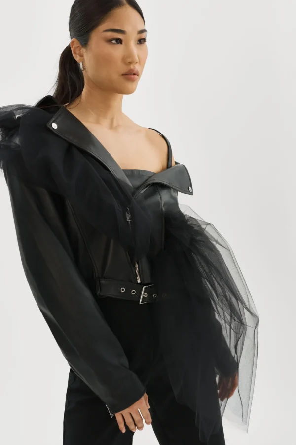 LAMARQUE Leather Jackets | OBELIA | Tulle & Leather Biker Jacket Black