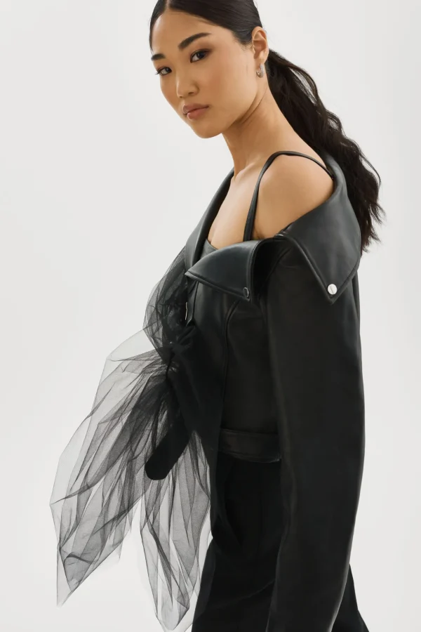LAMARQUE Leather Jackets | OBELIA | Tulle & Leather Biker Jacket Black