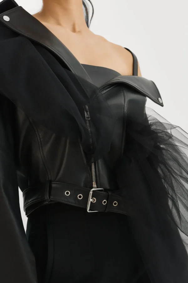 LAMARQUE Leather Jackets | OBELIA | Tulle & Leather Biker Jacket Black