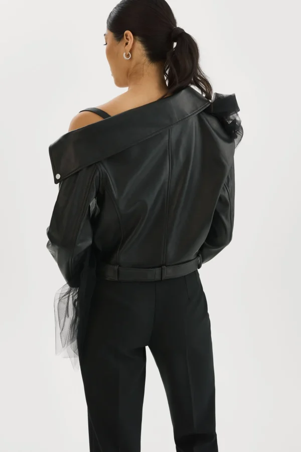 LAMARQUE Leather Jackets | OBELIA | Tulle & Leather Biker Jacket Black