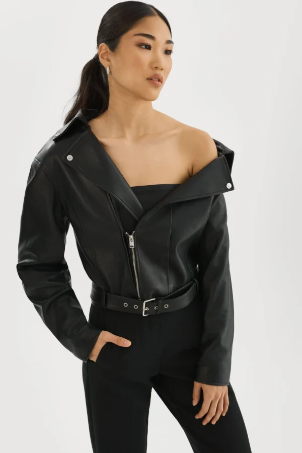 LAMARQUE Leather Jackets | OBELIA | Tulle & Leather Biker Jacket Black