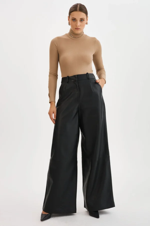 LAMARQUE Pants&Shorts | ROSSA | Wide Leg Leather Trousers Black