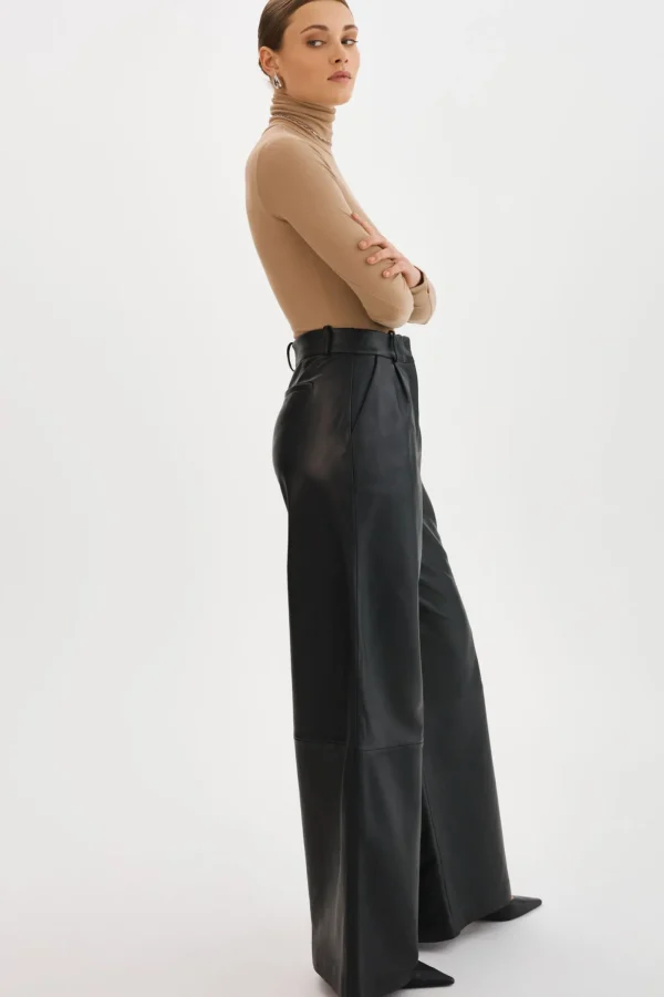 LAMARQUE Pants&Shorts | ROSSA | Wide Leg Leather Trousers Black