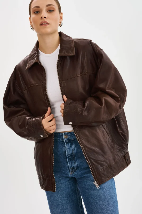 LAMARQUE Leather Jackets | THEIA | Leather Bomber Jacket Dark Brown