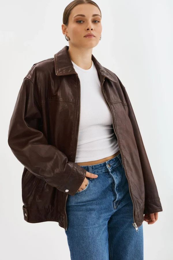 LAMARQUE Leather Jackets | THEIA | Leather Bomber Jacket Dark Brown